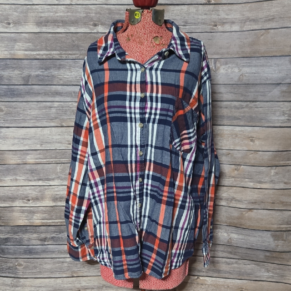 Ava & Viv Plaid Button Down Shirt - Blue, Orange, White